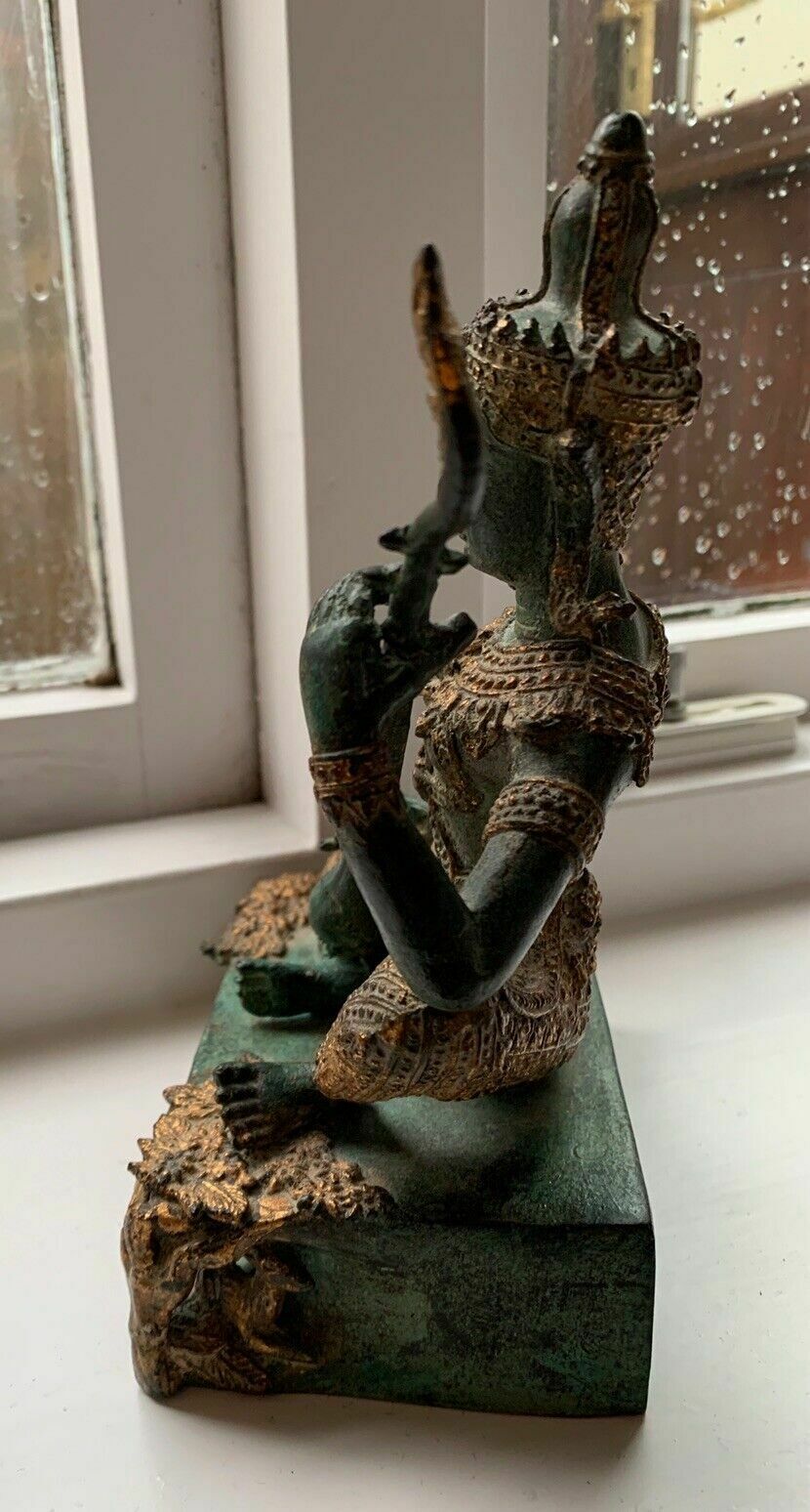 Antique Thai Prince Musician Gilded Bronze Statue Mandolin Music Player photo 395.0