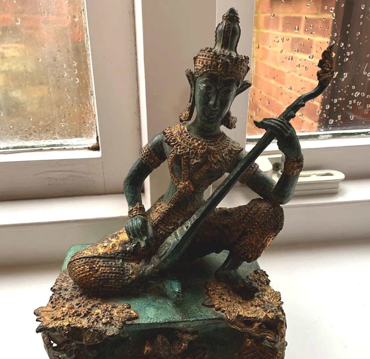 Antique Thai Prince Musician Gilded Bronze Statue Mandolin Music Player