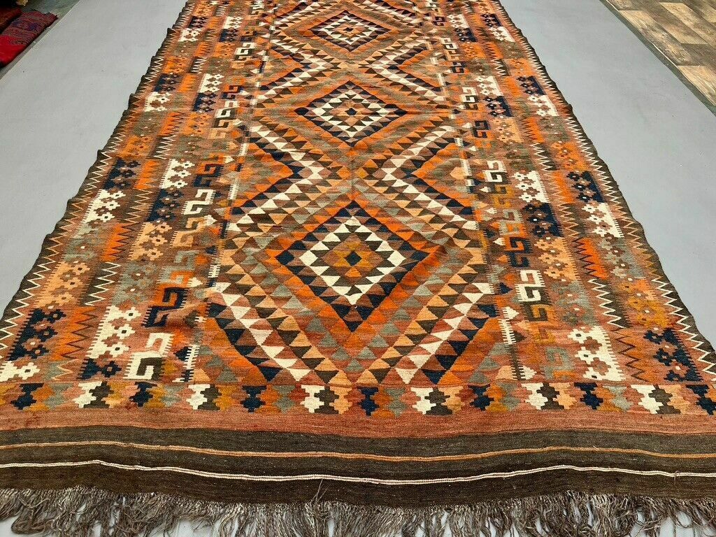 Vintage Uzbek Tribal Kilim Wool Rug 418x240 Cm Red, Orange, Brown, Black Large photo for sale