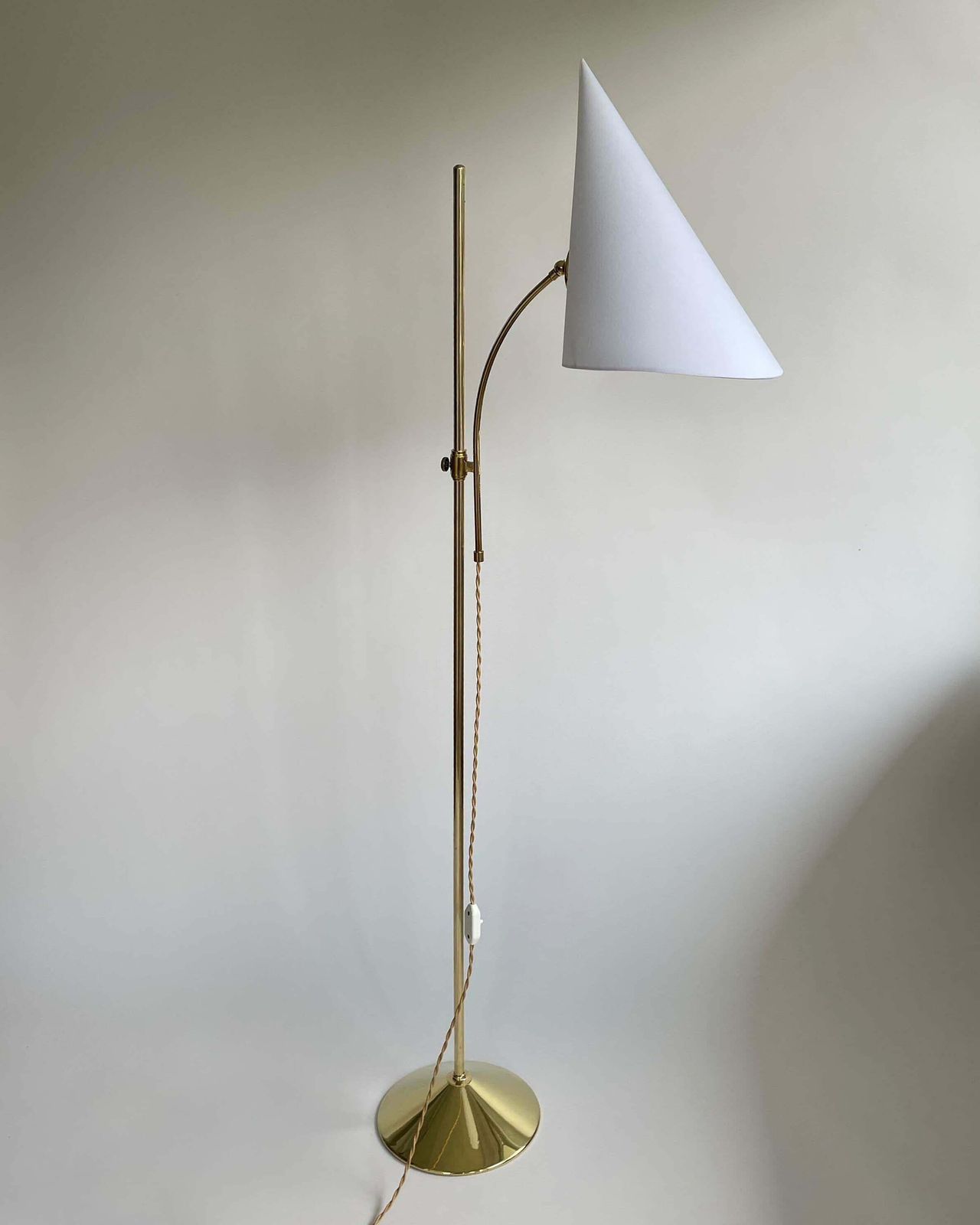 Swedish Designer Adjustable Witches Hat Brass Floor Lamp, 1950s photo Lighting