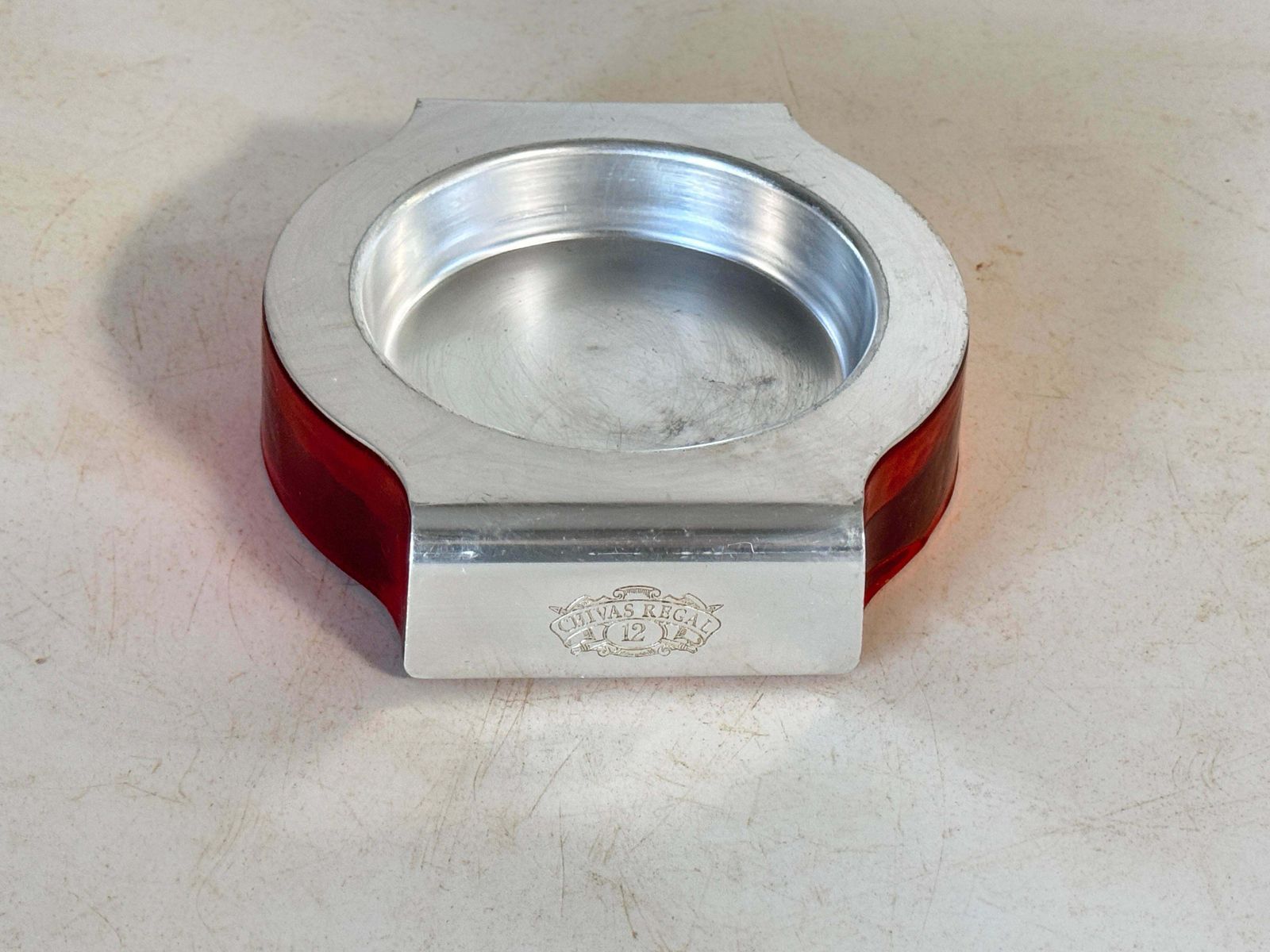 Ashtray In Aluminium Cast And Glass Signed Chivas Red Silvered Color France 1970