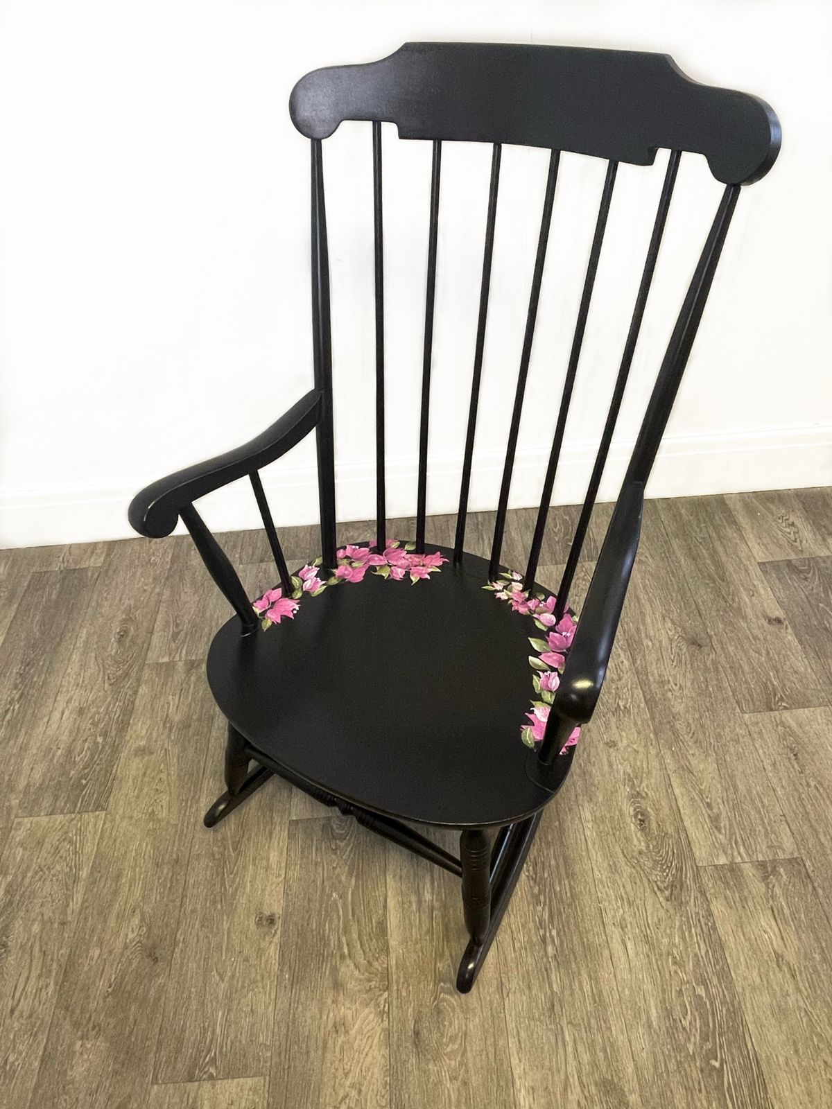 Black Wheel Back Rocking Chair With Pink Flower Design photo buy