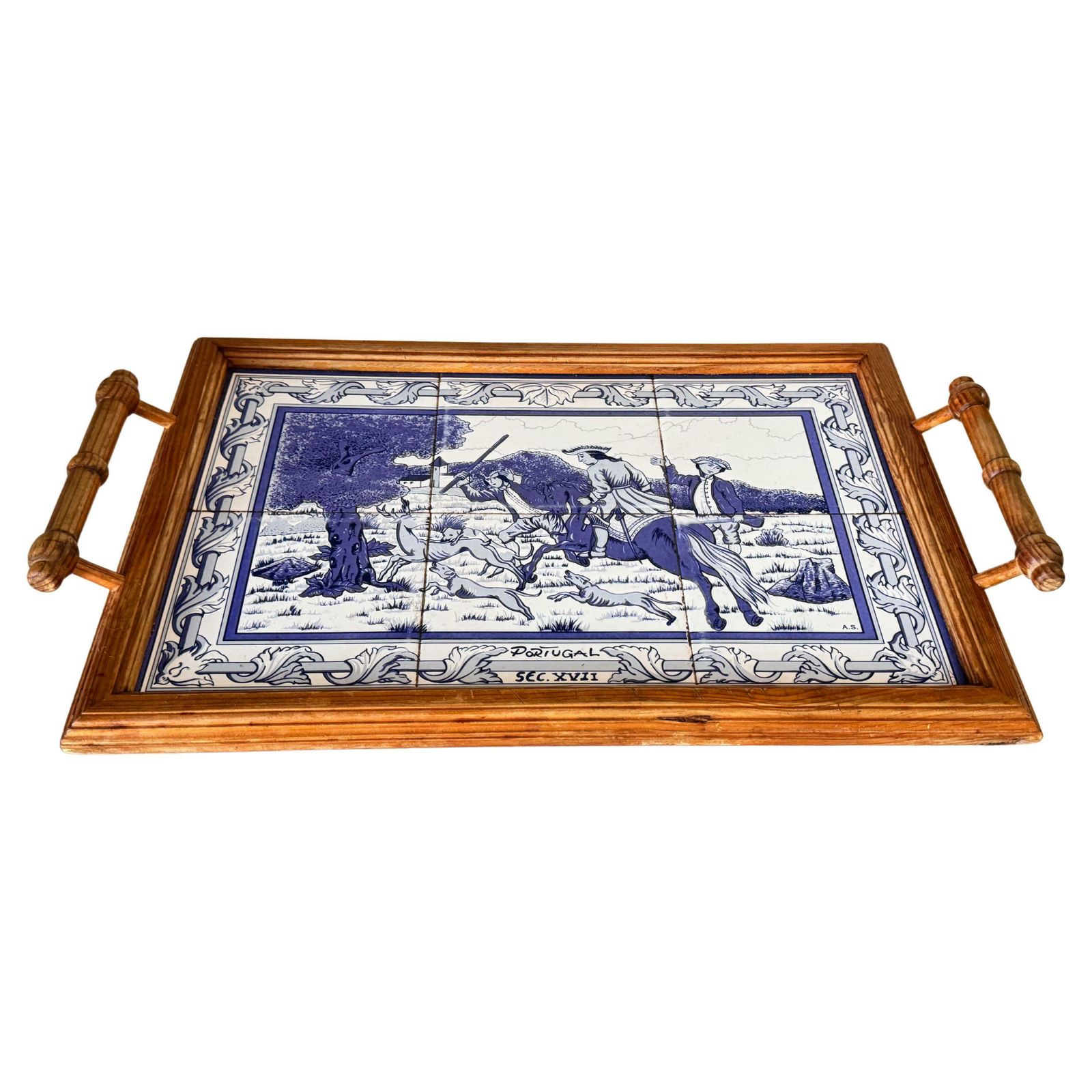 Platter Or Tray In Ceramic And Wood Portugal 1970s Blue And White Color Azuelos