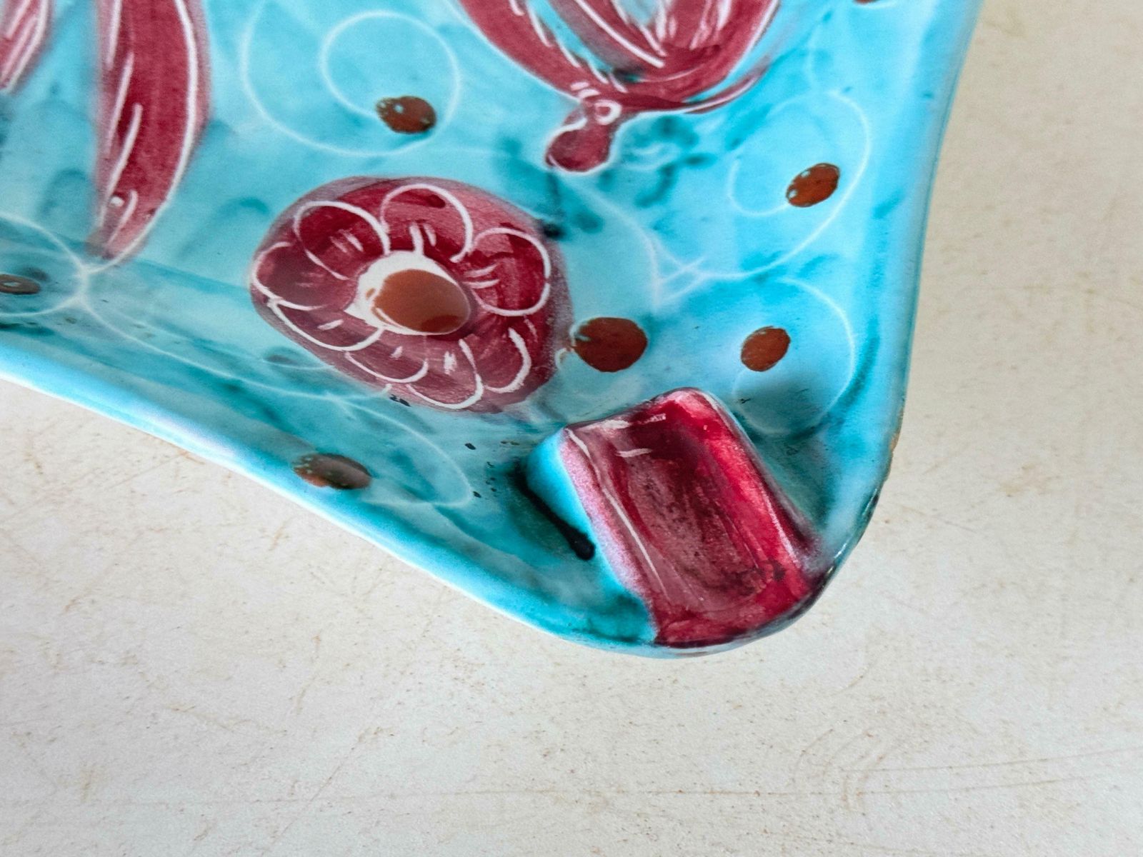 Ceramic Blue And Red Ashtray Or Vide Poche Circa 1960 Italy Signed Pm Italy photo buy