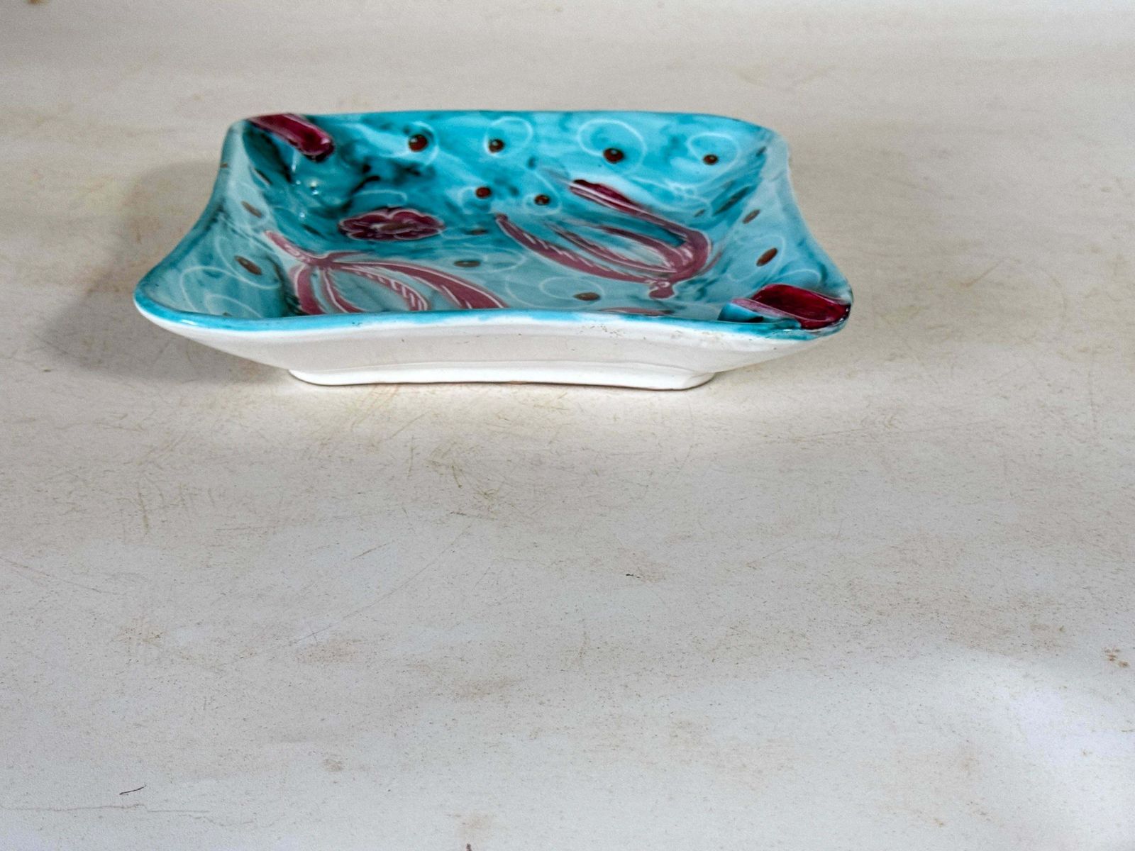 photo for sale Ceramic Blue And Red Ashtray Or Vide Poche Circa 1960 Italy Signed Pm Italy