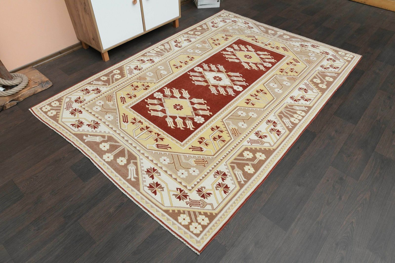 Antique Brown White Orange Rug, Turkish Oushak Rug, Handmade Vintage Rug, Area Rug, Living Room Rug, Washable Wool Rug photo for sale
