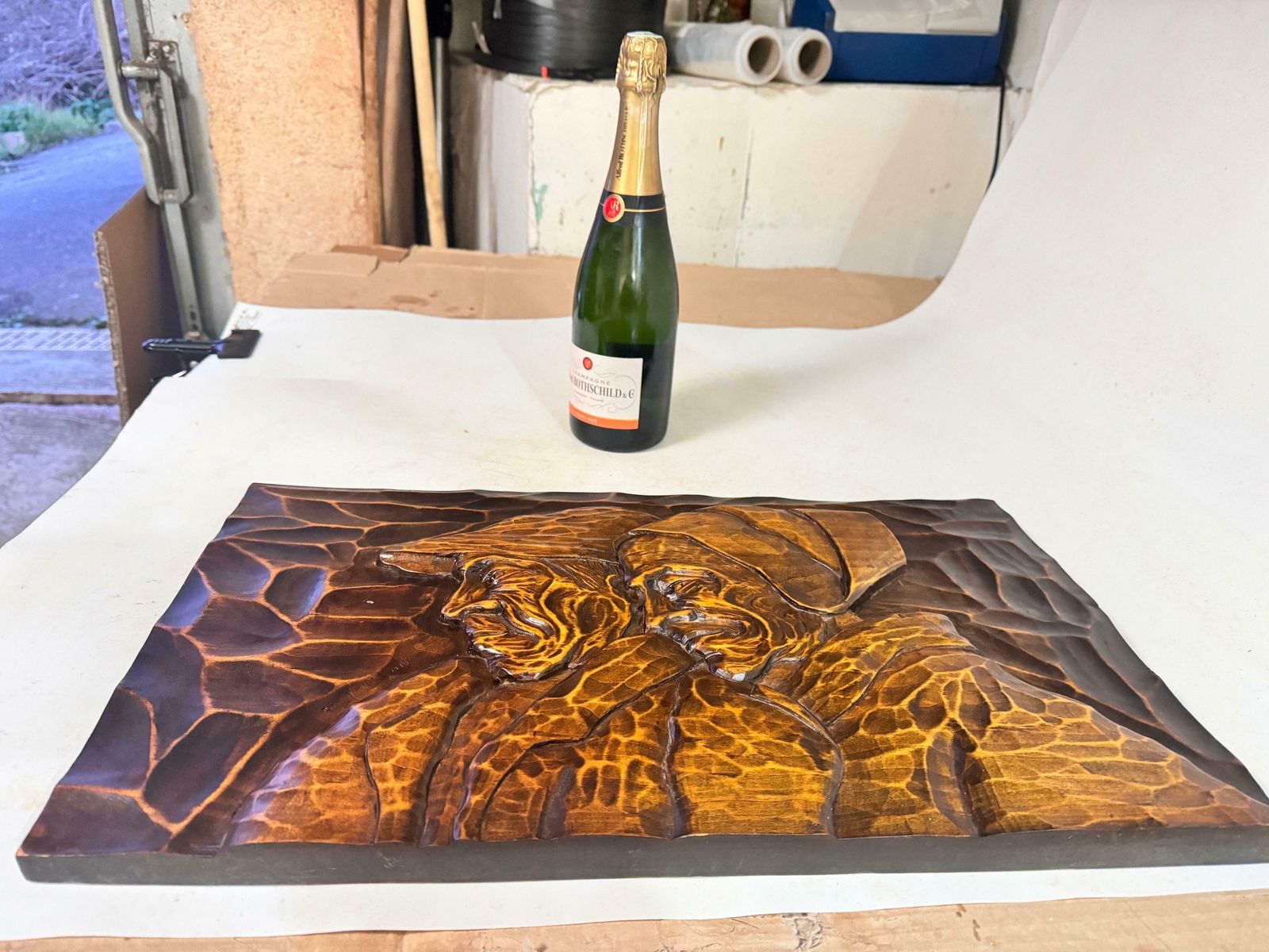 Wood Panel Hand Carved, Wall Decoration, France 1960 Signed Bérthelémé photo furniture
