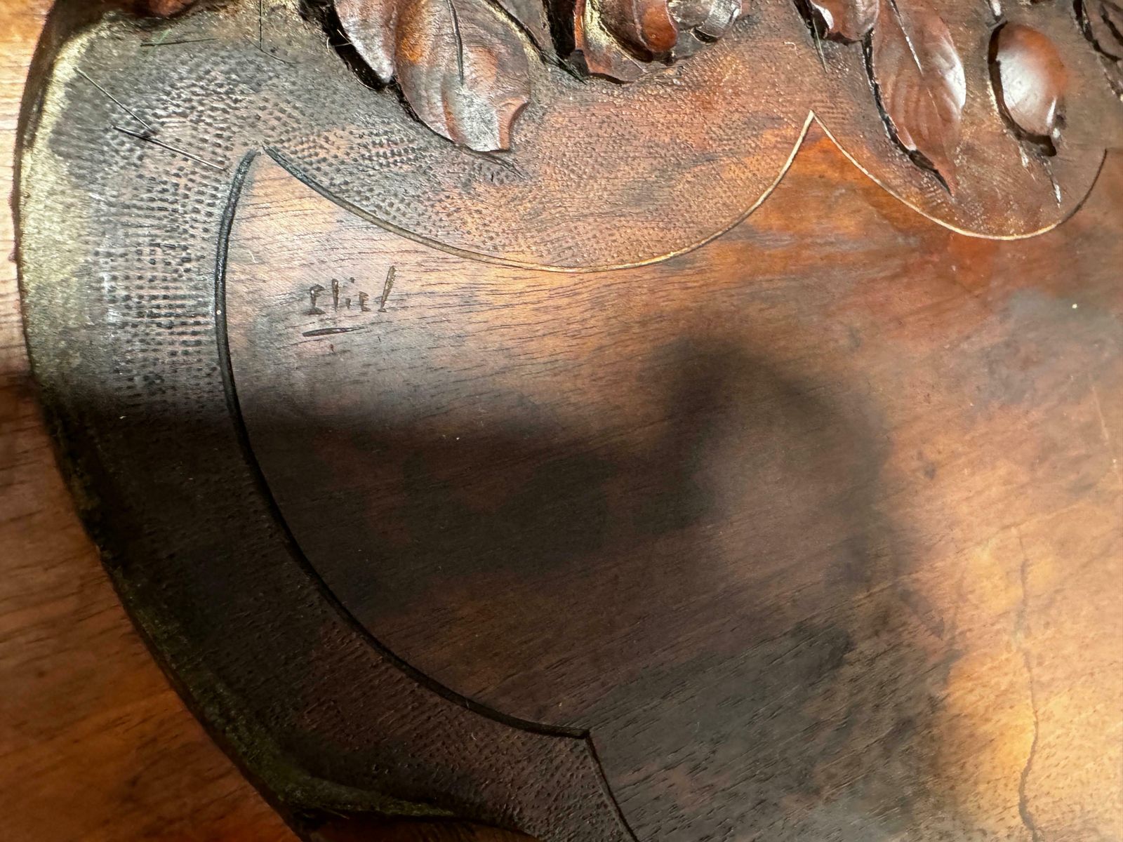 photo for sale Art Nouveau Platter In Wood, Brown Color, France Circa 1930, Hand Carved, Signed