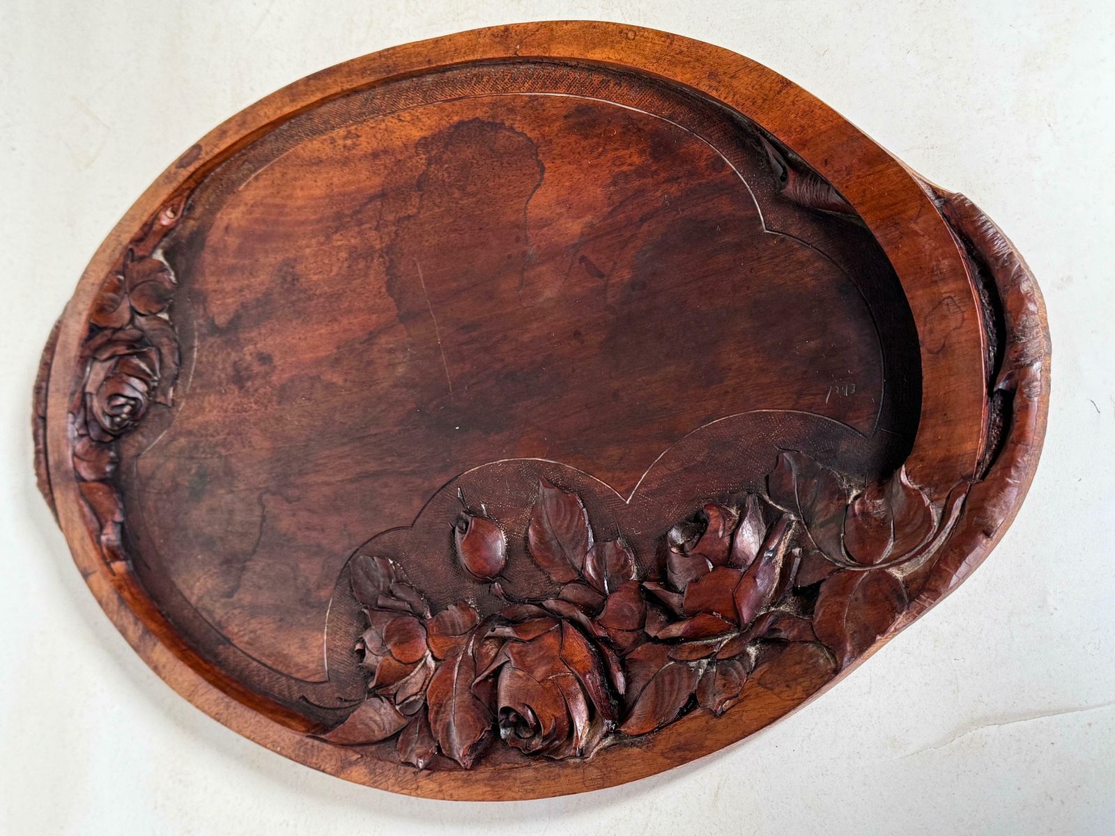 282.0 Art Nouveau Platter In Wood, Brown Color, France Circa 1930, Hand Carved, Signed photo