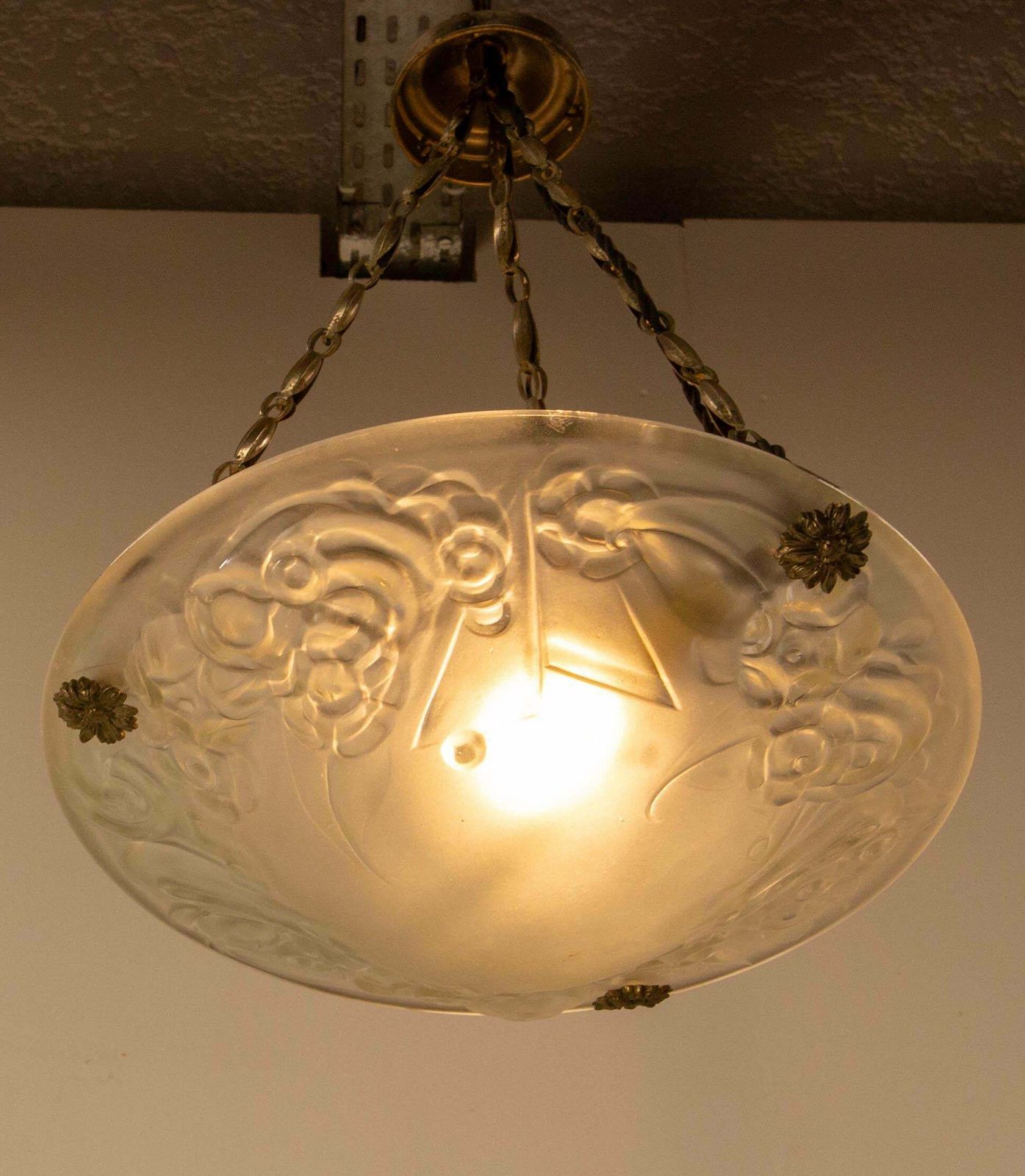 French Art Deco Chandelier Frozen Glass & Aluminium Ceiling Pendant, Circa 1930 photo for sale