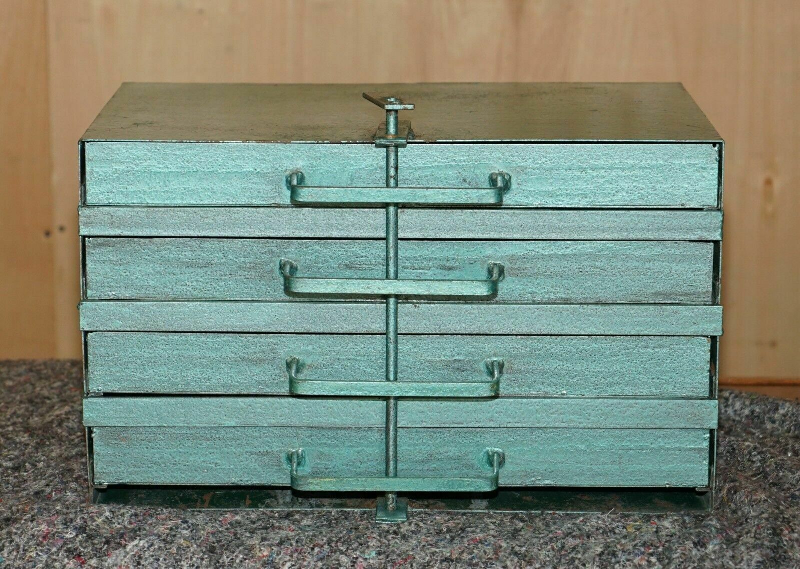 Antique Circa 1920's Teal Coloured Lockable Machinist Work Tool Box With Lock photo furniture