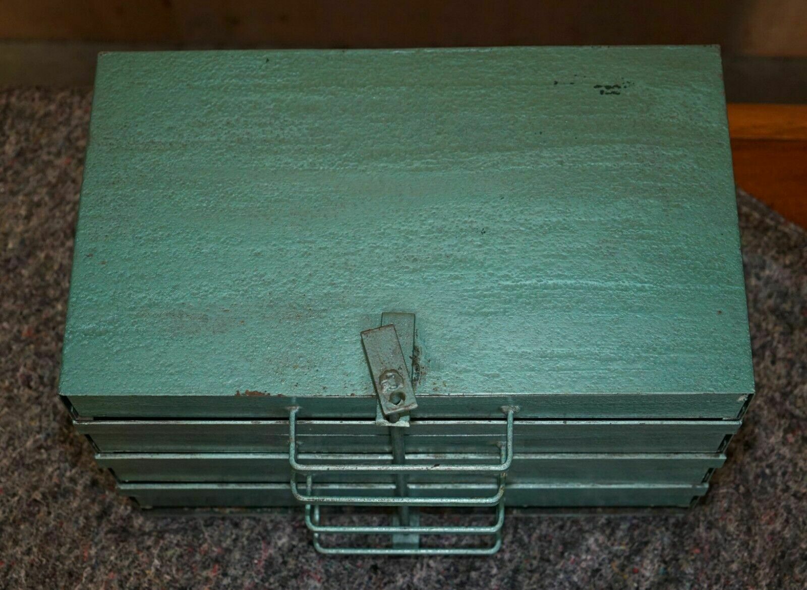 Antique Circa 1920's Teal Coloured Lockable Machinist Work Tool Box With Lock photo for sale
