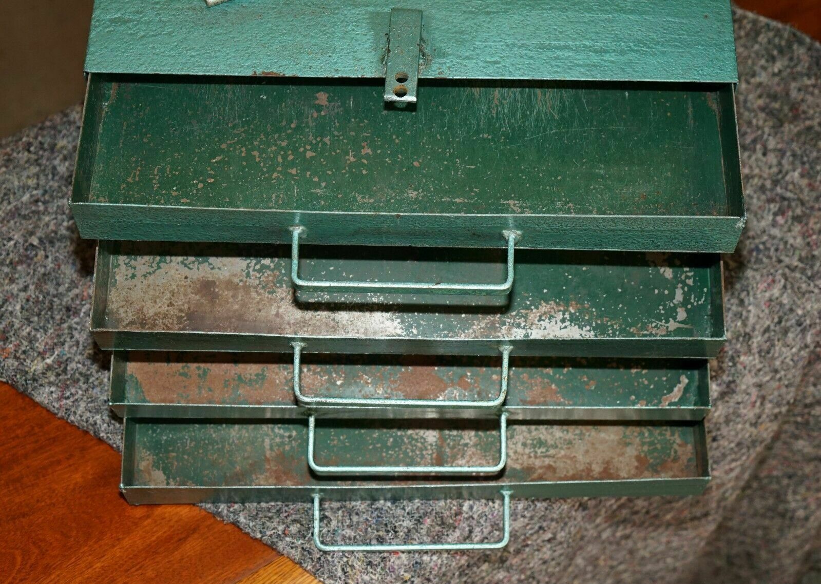 photo furniture Antique Circa 1920's Teal Coloured Lockable Machinist Work Tool Box With Lock