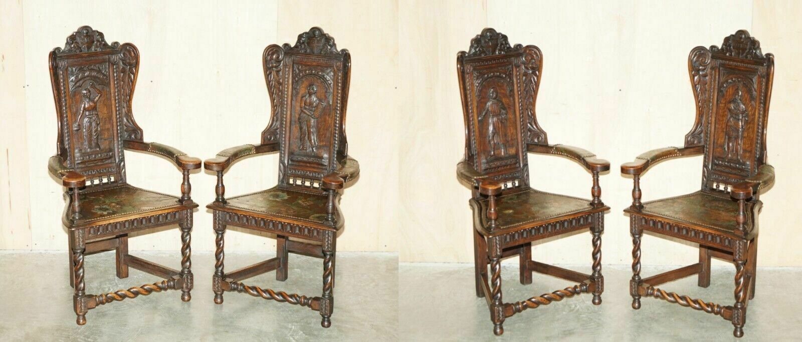 Four Antique 1640 Caquetoire Carved Walnut Polychrome Painted Armchairs