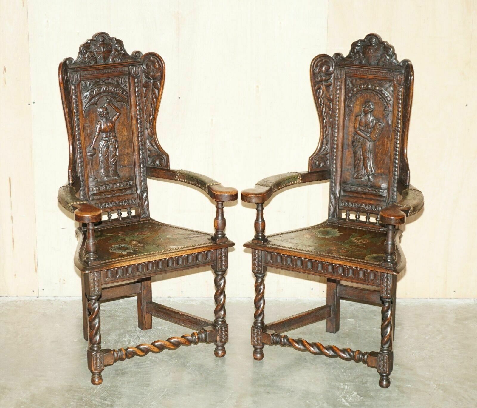 Four Antique 1640 Caquetoire Carved Walnut Polychrome Painted Armchairs photo furniture