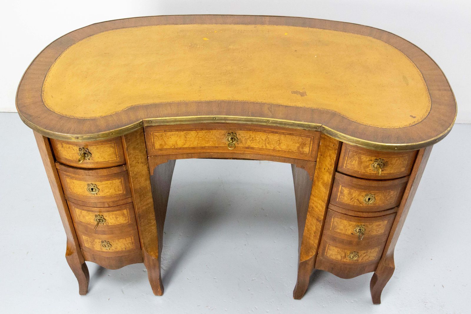 French Elm Burl Brass & Coated Fabric Desk Kidney Shape Louis XV Style C. 1960 photo buy