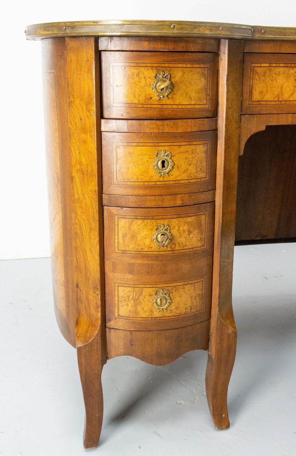 photo for sale French Elm Burl Brass & Coated Fabric Desk Kidney Shape Louis XV Style C. 1960