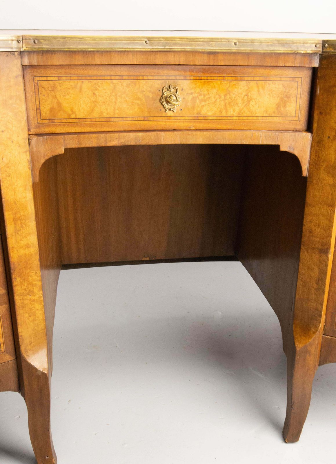 Furniture French Elm Burl Brass & Coated Fabric Desk Kidney Shape Louis XV Style C. 1960 photo