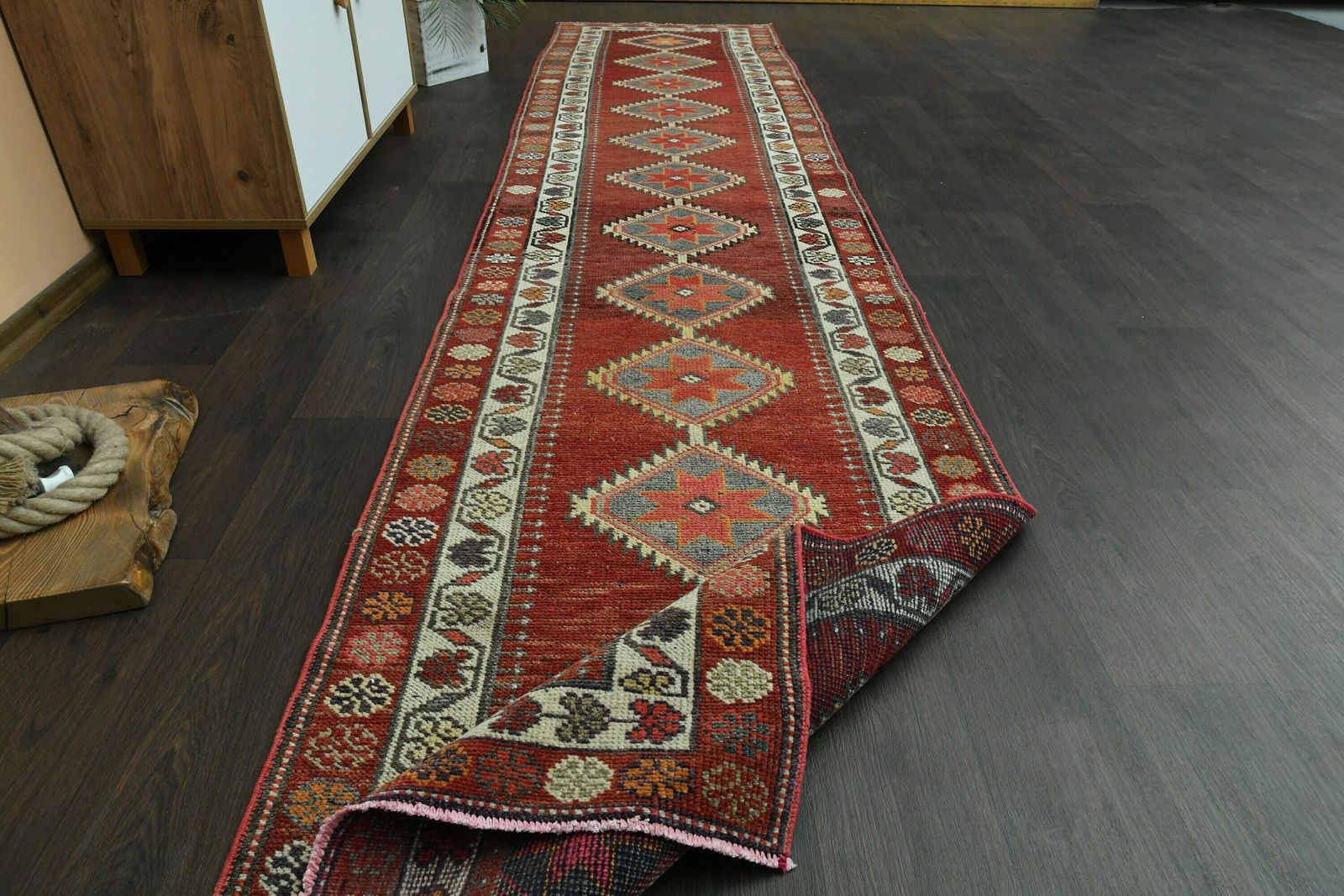 2.9x12.8 Ft Red Gray Decor, Handmade Turkish Vintage Rug, Wool Rug, Hallway Rug, Antique Rug, Oushak Wool Rug, Kitchen Rug, 3x13 Runner Rug