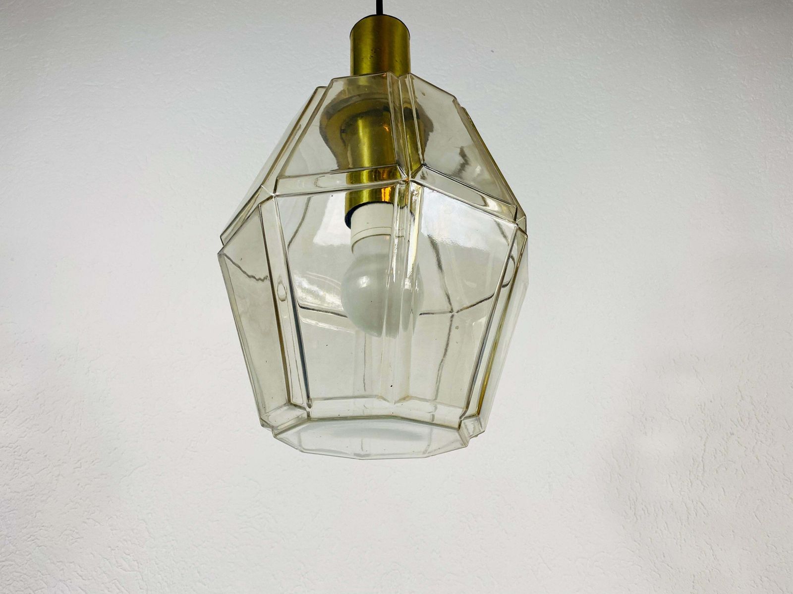 Midcentury Brass And Glass Pendant Lamp By Glashütte Limburg, 1960s photo for sale