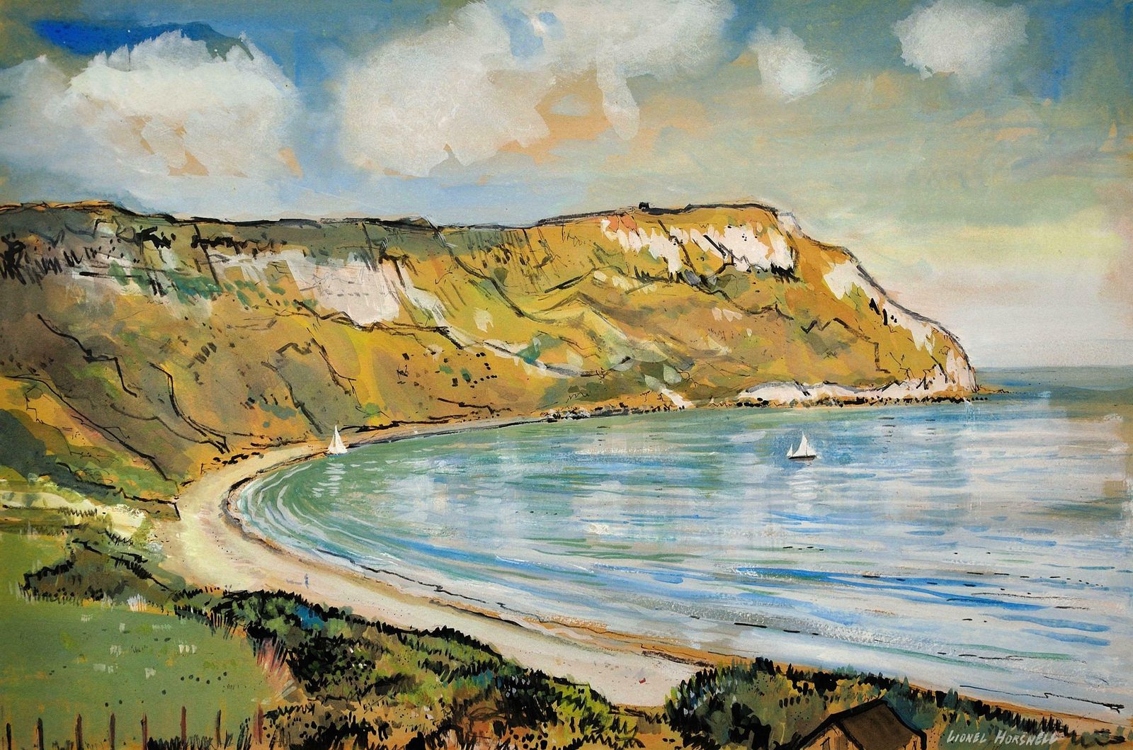 Lionel Horsnell 1932 To 2011. Ringstead Bay And White Nothe, Dorset. Weymouth & Portland. Jurassic Coast Landscape. 1960s Framed Watercolour Painting. photo furniture