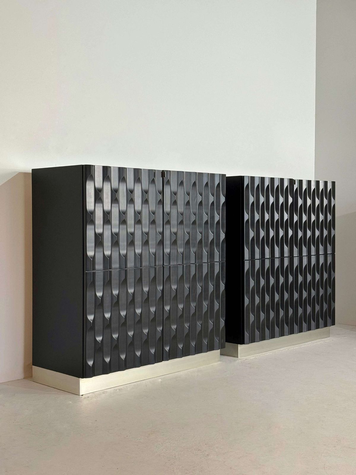 Paar Zwarte Brutalist Kasten Met Grafische Deurpanelen, Jaren 1970 photo furniture