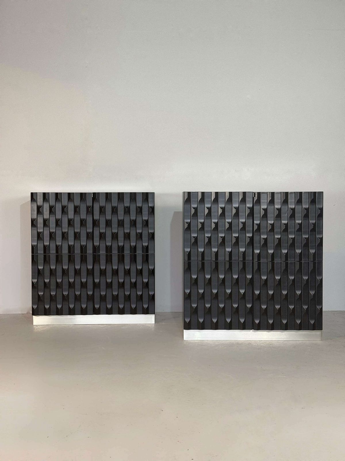 Pair Of Black Brutalist Cabinets With Graphic Door Panels, 1970s photo 6300.0