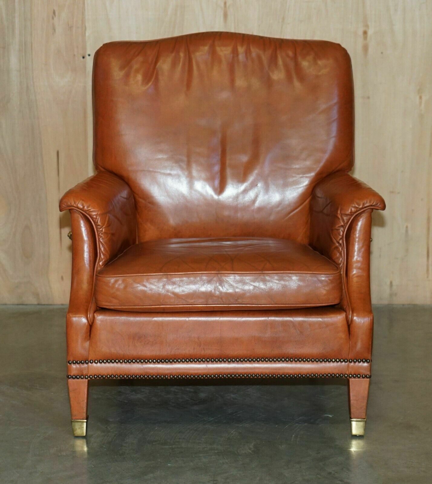 Comfortable Pair Of French Neoclassical Style Leather & Brass Recliner Armchairs photo for sale