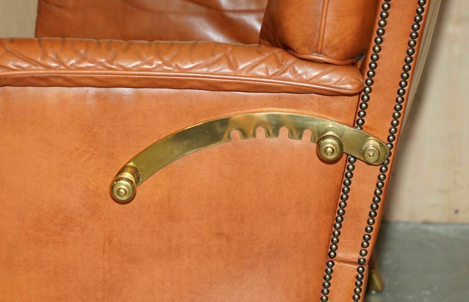 photo vintage Comfortable Pair Of French Neoclassical Style Leather & Brass Recliner Armchairs