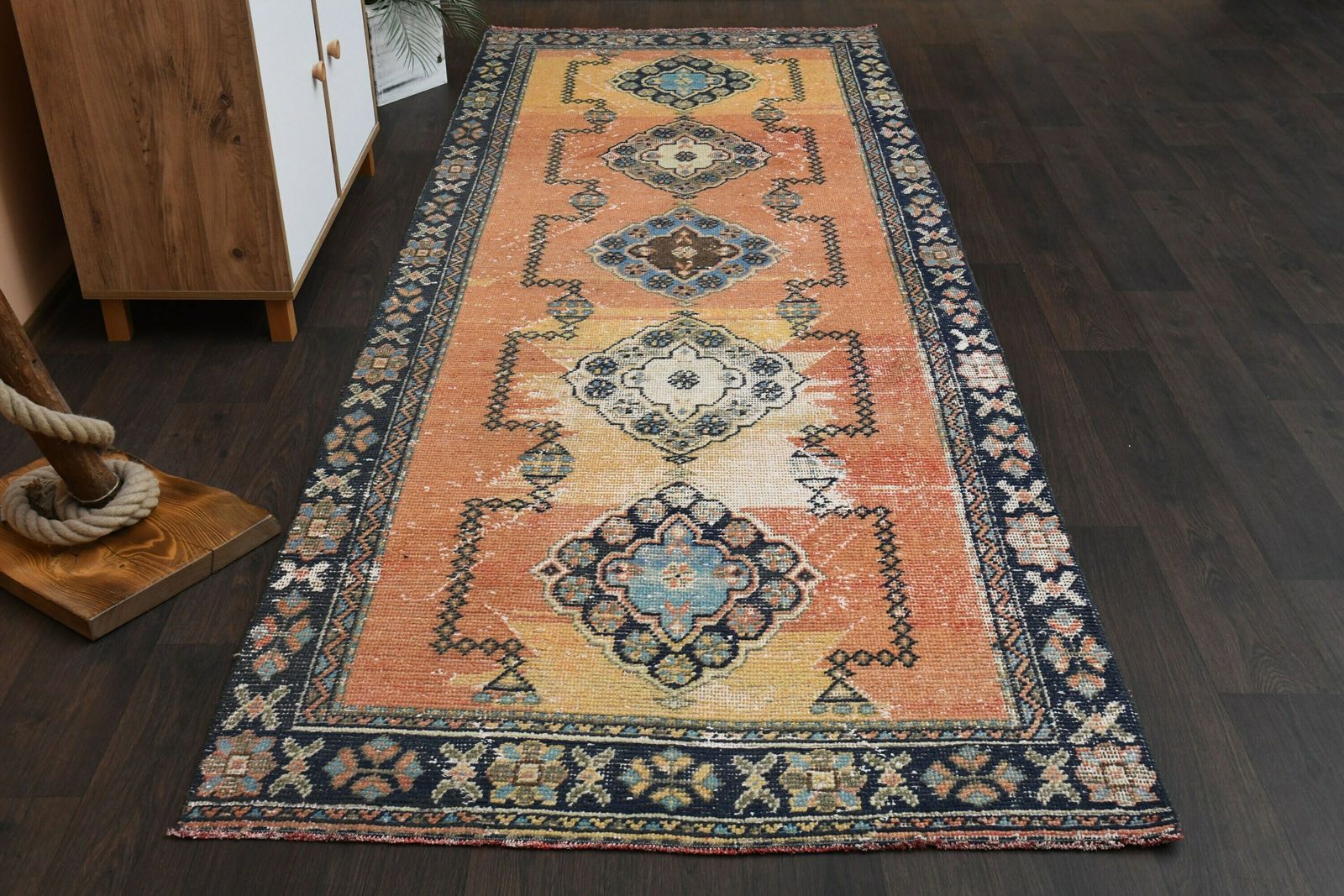 Turkish Rug, Vintage Bohemian Rug, Oushak Rug, 4x11  Kitchen Rug, Hallway Rug, Home Decor, Entryway Rug, Runner Rug photo furniture