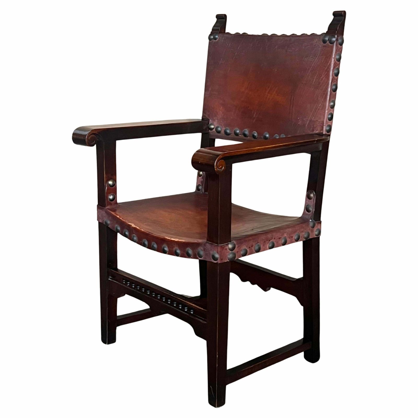 19th Century Spanish Colonial Altar Carved Armchair With Leather Seat And Back photo furniture