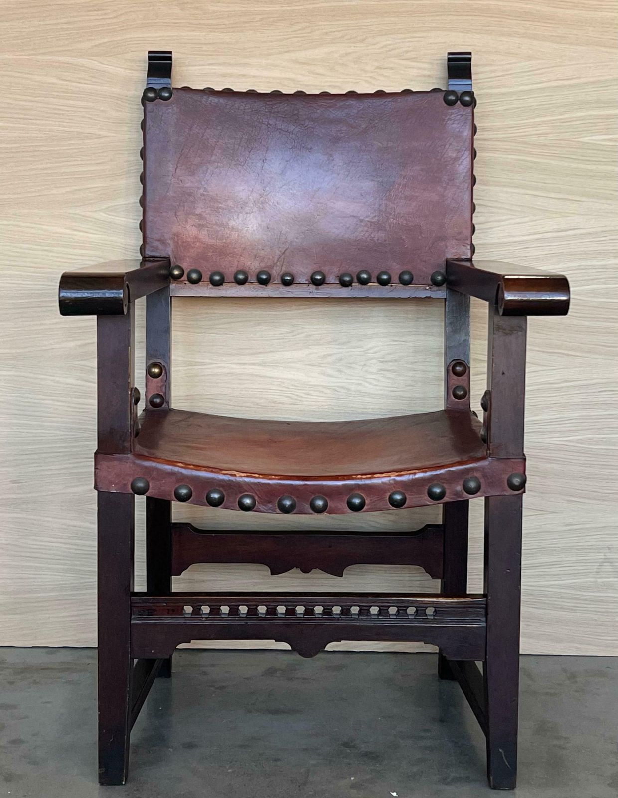 19th Century Spanish Colonial Altar Carved Armchair With Leather Seat And Back photo Furniture