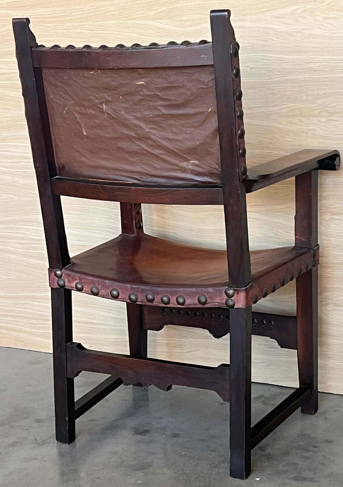 19th Century Spanish Colonial Altar Carved Armchair With Leather Seat And Back photo vintage