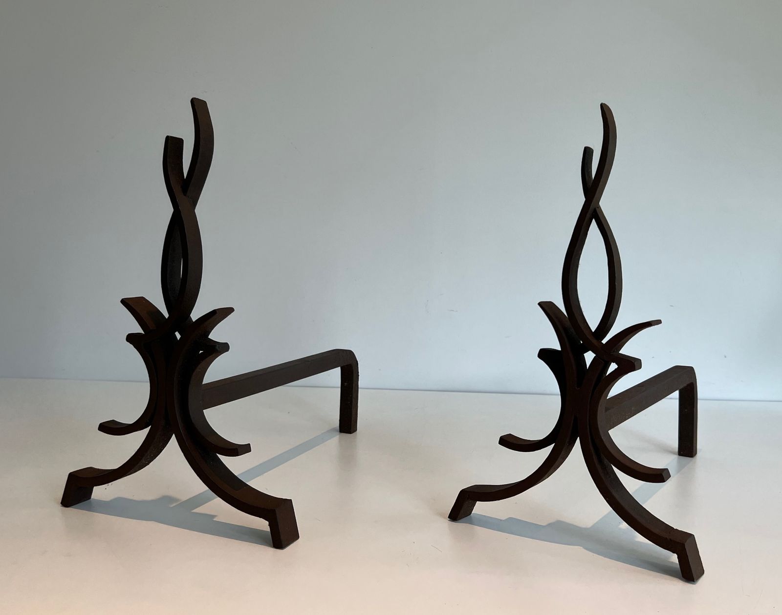 Pair Of Wrought Iron Andirons By Raymond Subes photo Home Fixtures
