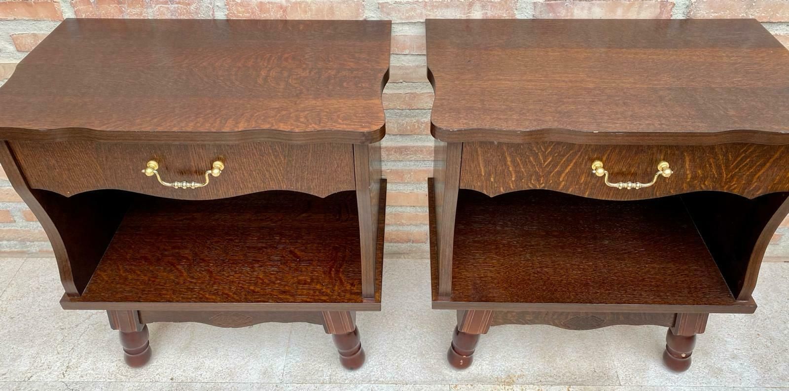 Mid Century Walnut Nightstands With Drawers And Marble Tops, 1950s, Set Of 2 photo vinterior