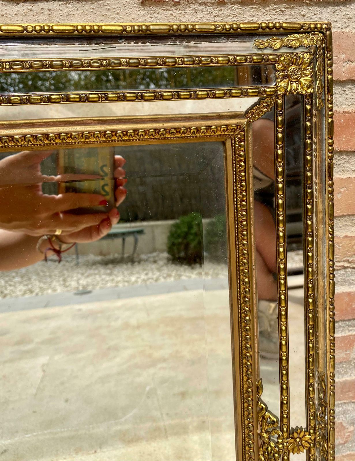 French Directoire Gilded Carved Wood Wall Mirror, 1940s photo vinterior