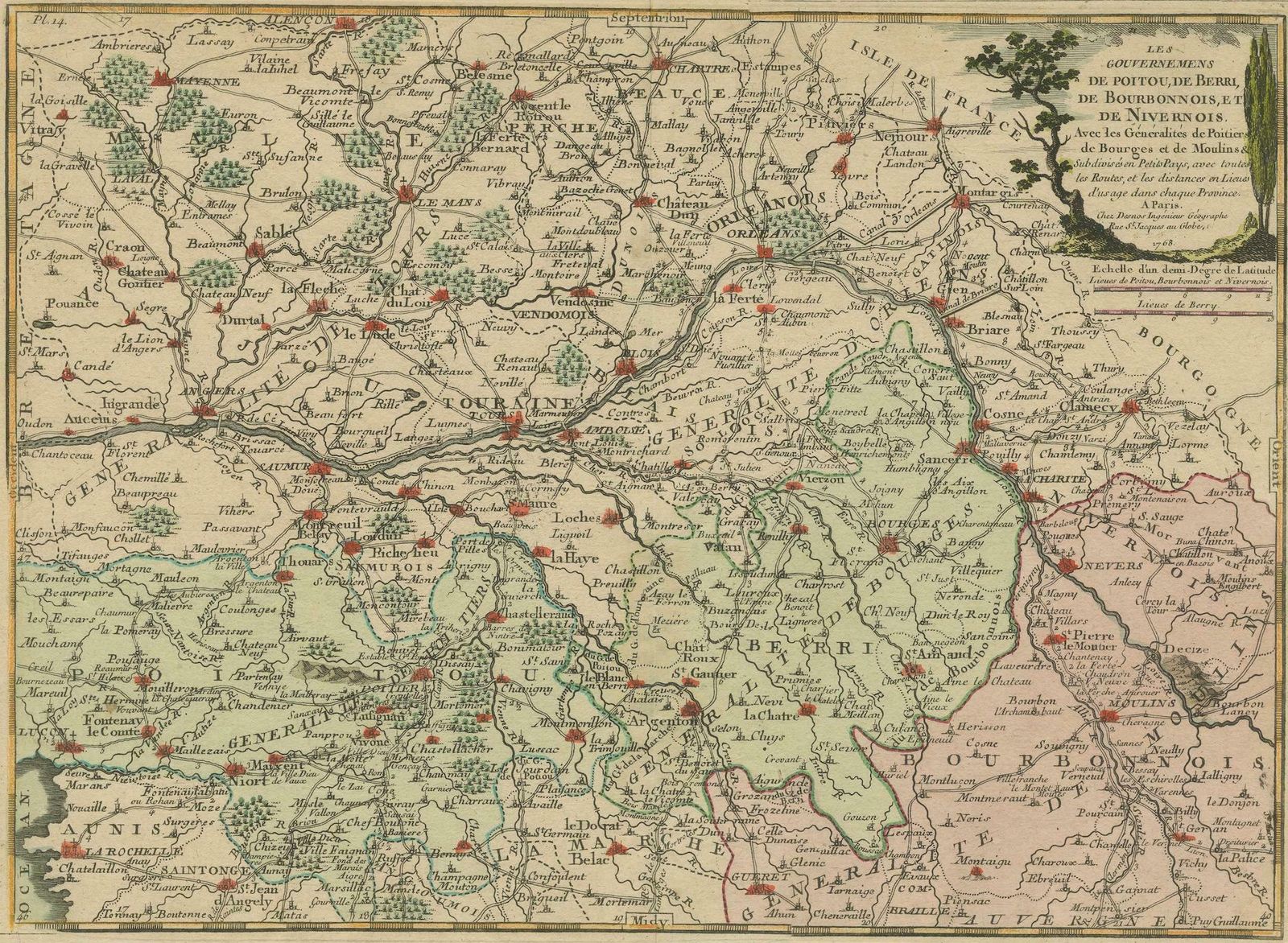 Old Map Of Part Of France: Poitou, Berry, Bourbonnais, And Nivernais In 1768 photo 393.0