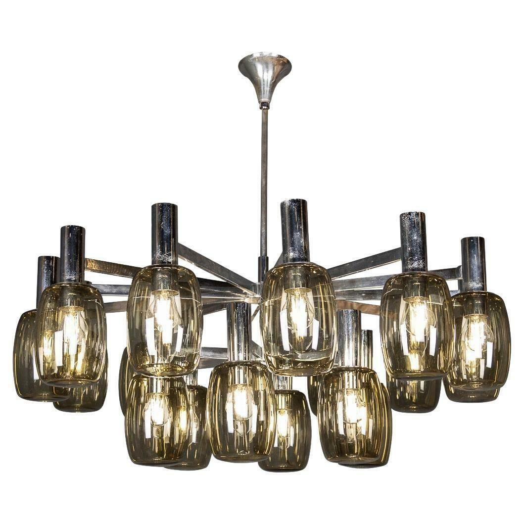 20th Century Italian Chrome & Smoked Glass Eighteen Light Chandelier C.1970