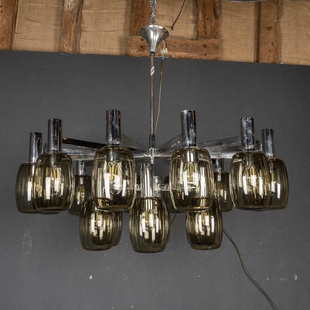 20th Century Italian Chrome & Smoked Glass Eighteen Light Chandelier C.1970 photo Lighting