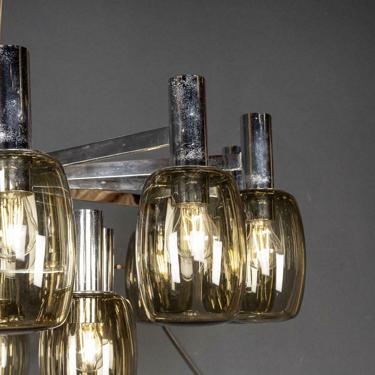 Lighting 20th Century Italian Chrome & Smoked Glass Eighteen Light Chandelier C.1970 photo