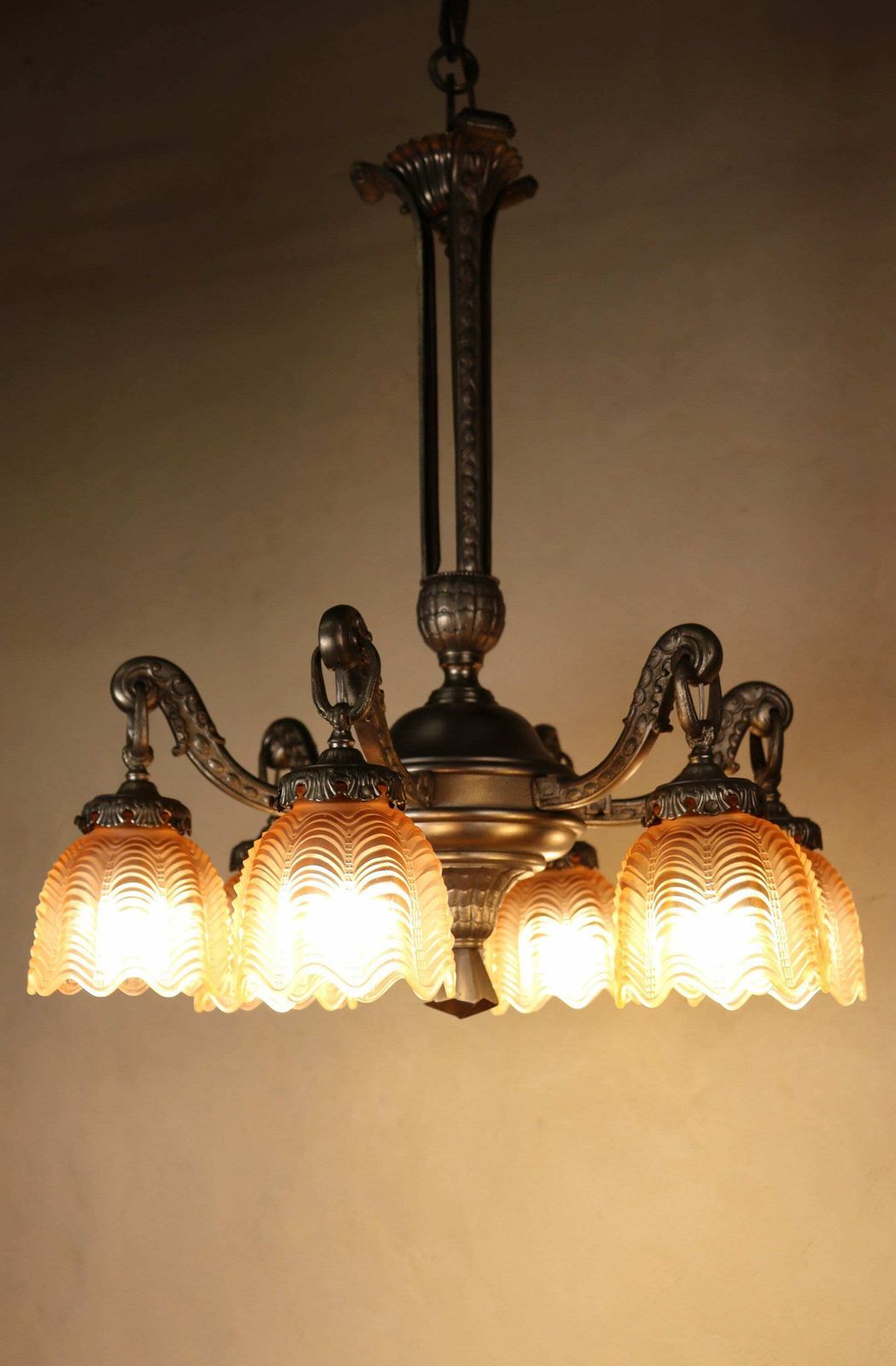 Art Deco Bronze Nickel Plated Iridescent Pink Glass Chandelier 1930's 1940's (St.141) photo Lighting