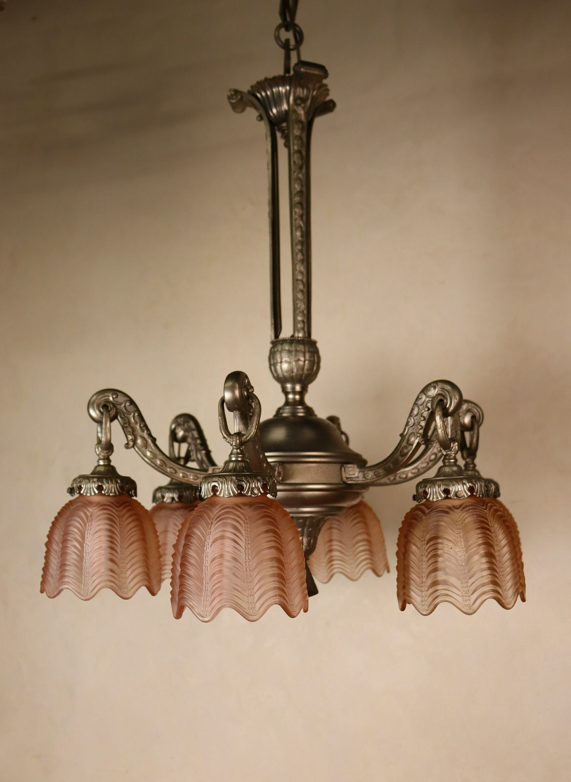 Art Deco Bronze Nickel Plated Iridescent Pink Glass Chandelier 1930's 1940's (St.141) photo 1046.0