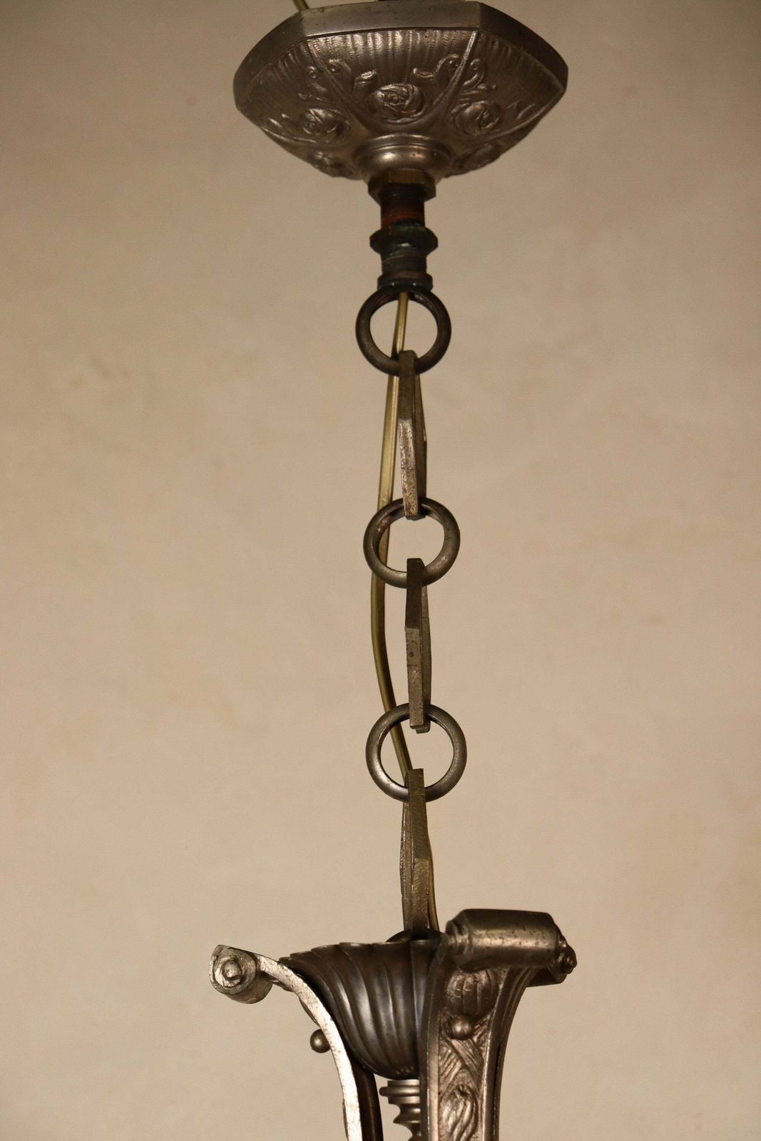 photo for sale Art Deco Bronze Nickel Plated Iridescent Pink Glass Chandelier 1930's 1940's (St.141)