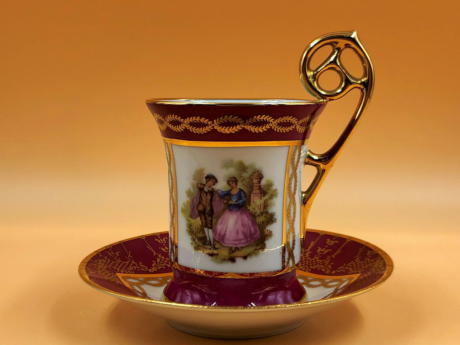 Limoges Meissner Porcelain Pink Fragonard Courting Couple Demitasse / Chocolate Cup And Saucer Duo. photo for sale