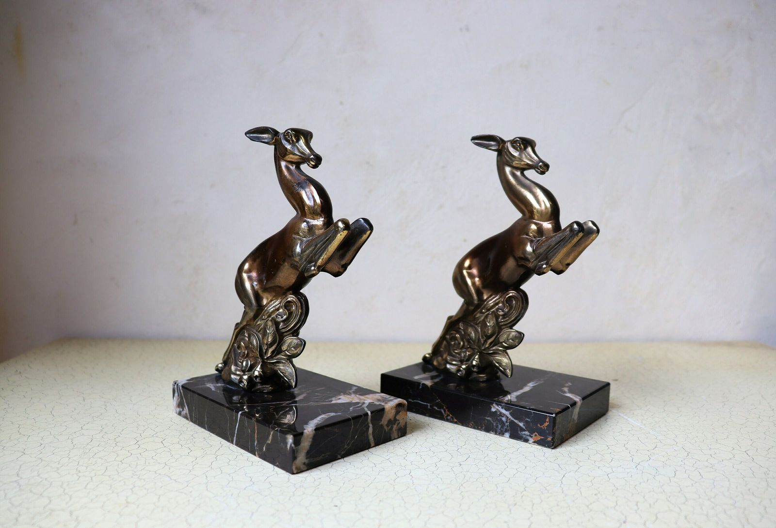 A Set Of French Art Deco Bookends, Deers On A Marble Base (St.94) photo vinterior