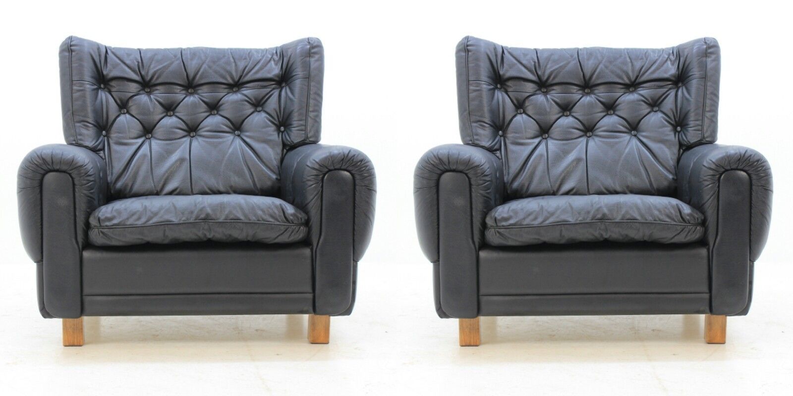Set Of Midcentury Black Leather Armchairs, 1970s