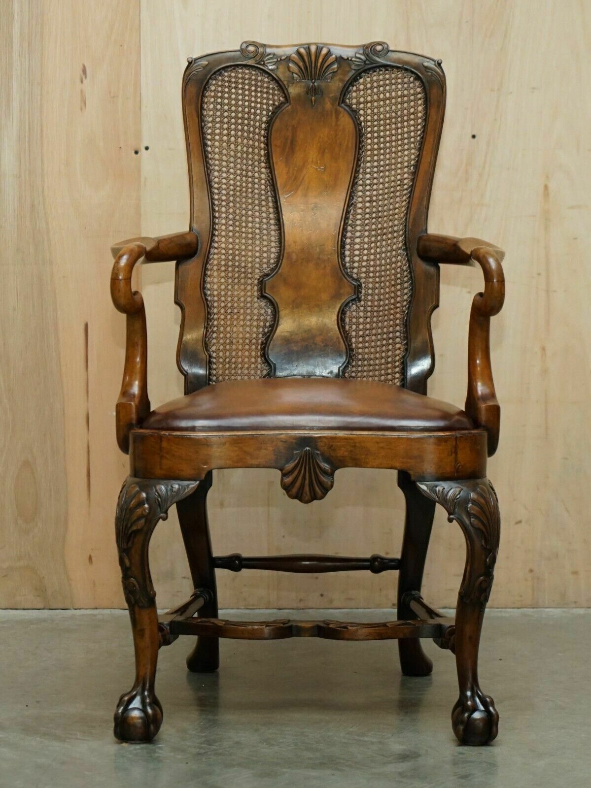 Antique Thomas Chippendale Claw & Ball Carved Bergere Brown Leather Armchair photo furniture