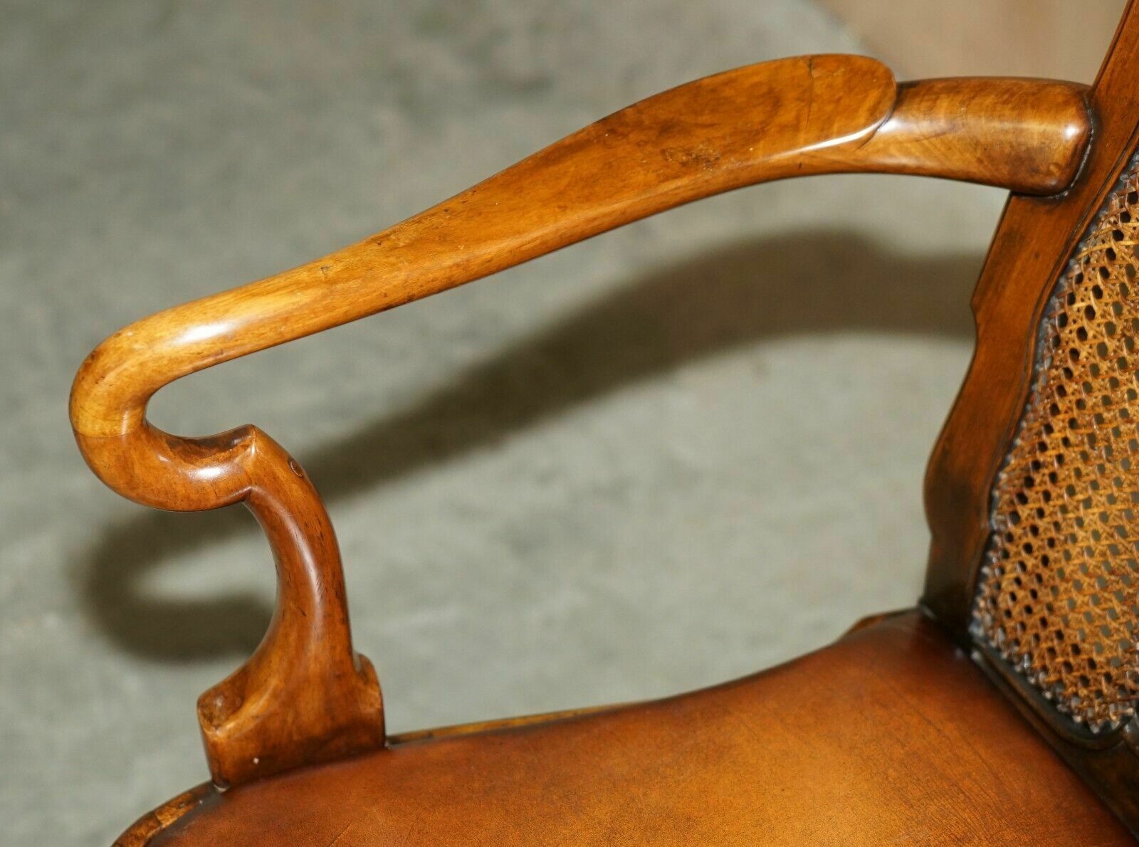 photo furniture Antique Thomas Chippendale Claw & Ball Carved Bergere Brown Leather Armchair