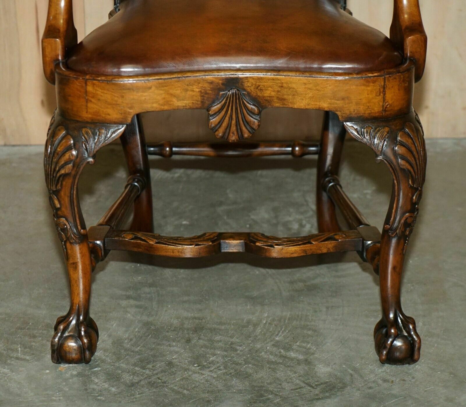 photo for sale Antique Thomas Chippendale Claw & Ball Carved Bergere Brown Leather Armchair