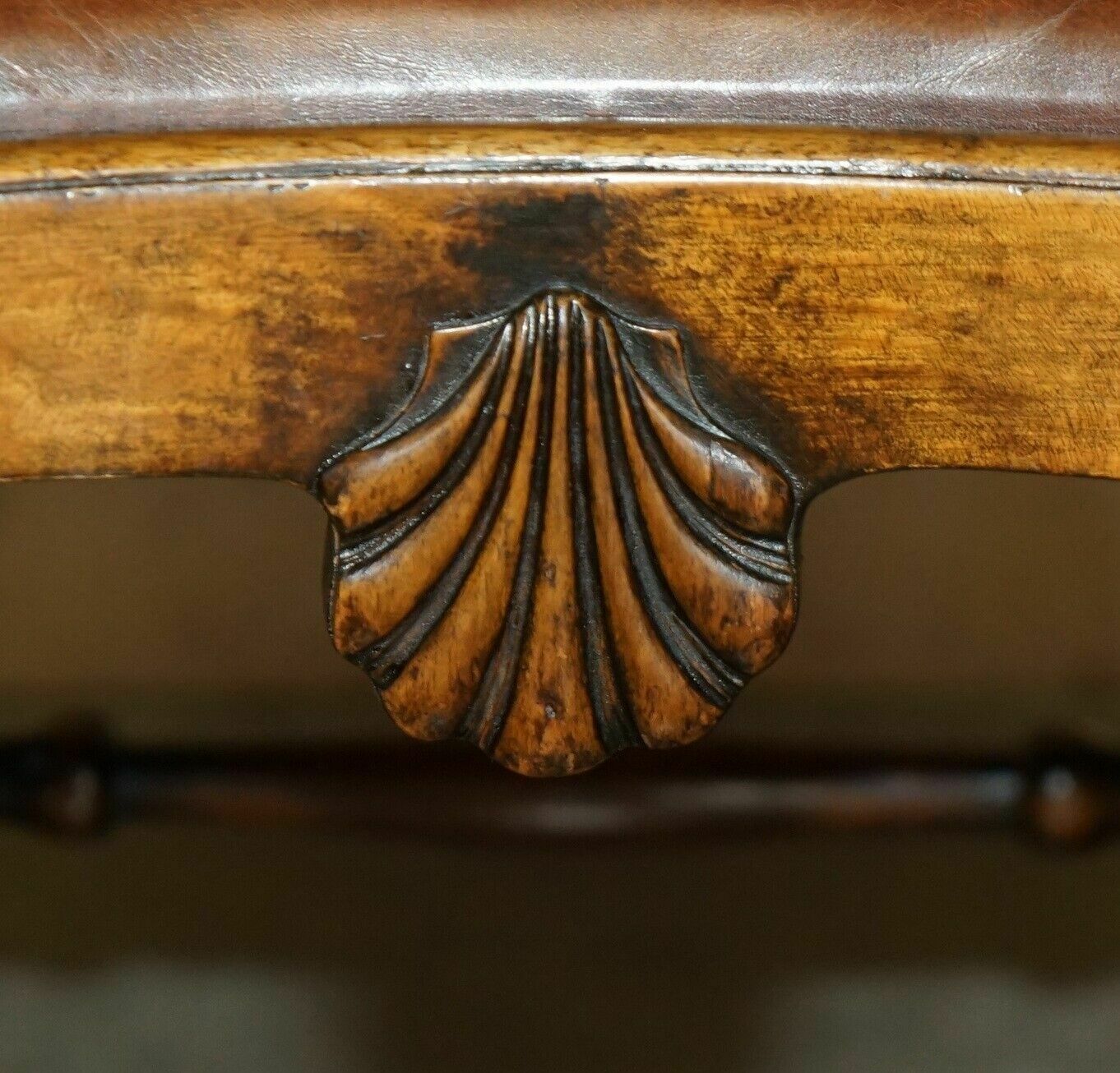 photo buy Antique Thomas Chippendale Claw & Ball Carved Bergere Brown Leather Armchair